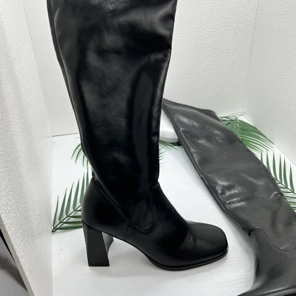 Open Edit Briar Black Faux Leather Square Toe Over Knee Boots Size 7M NWOB